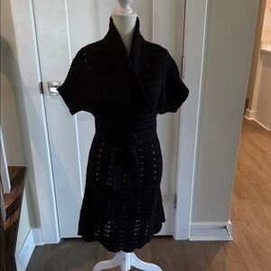 Moda International Black Knit Wrap Dress with Shawl Collar and Tie Waist